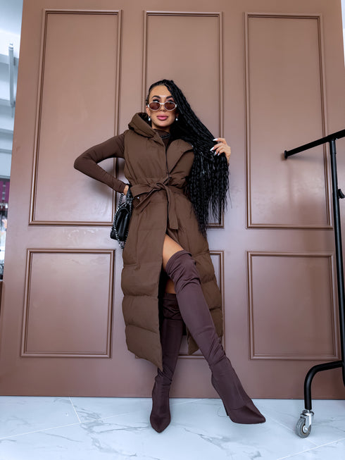 Long, chocolate brown vest with tie belt